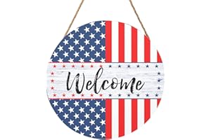 HAROONI 4th of July Welcome Sign Wooden Patriotic Stars Door Hanger Sign for Front Door, Memorial Day Independence Day Patriotic Sign for 4th of July Front Door Wall Rustic Farmhouse Porch Decor 12” x 12”