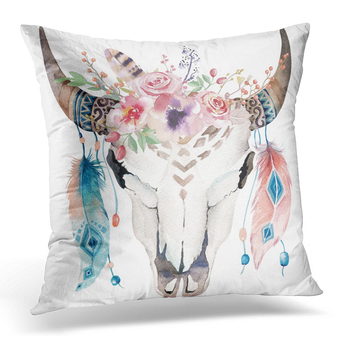 VANMI Throw Pillow Cover Floral Glamour Boho Chic Cow Skull Feathers Glam Horns Decorative Pillow Case Home Decor Square 18x18 Inches Pillowcase