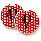 Caroline's Treasures CJ1012-PCARC Letter P Initial - Red Black Polka Dots Set of 2 Cup Holder Car Coasters Absorbent Sandstone Coasters for Car Cup Holders Gifts for Men or Women, Large, Multicolor