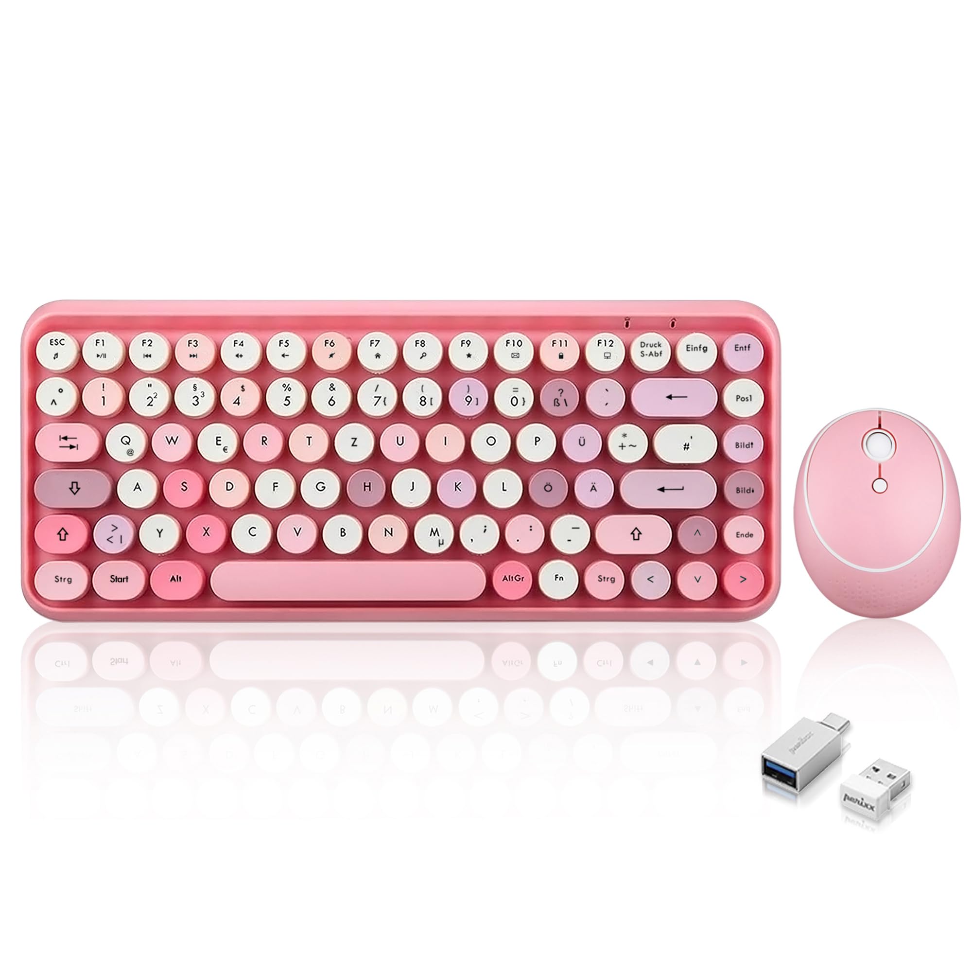Perixx PERIDUO-713 Wireless Mini Keyboard and Mouse Desktop Set, Retro Vintage Typewriter Design, Pink QWERTZ 11713