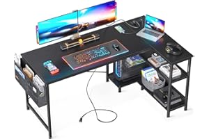 ODK 55 Inch Small L Shaped Computer Desk with Power Outlets, Corner Desk with PC Stand & Reversible Storage Shelves for Small Space Home Office Workstation, Modern Simple Writing Study Table, Black