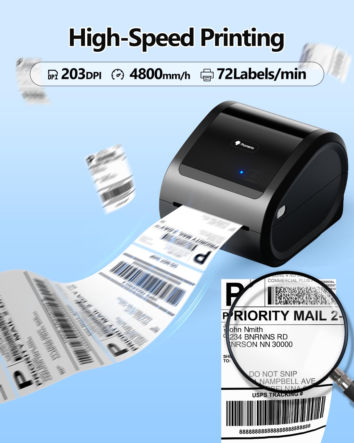 Phomemo Bluetooth Thermal Label Printer 4X6 Wireless Shipping Label Printer Build-in Holder, Thermal Label Maker for Return Shipping Package, Compatible with Amazon, USPS, Shopify, Ebay