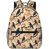 Vintage Raven Branch Backpack for Travel Work School Sports Gifts, Durable Polyester Lightweight Camping Hiking Gothic Bird & Red Flower Backpacks Retro Crow Bookbag for Women Girls, 15.7 Inch