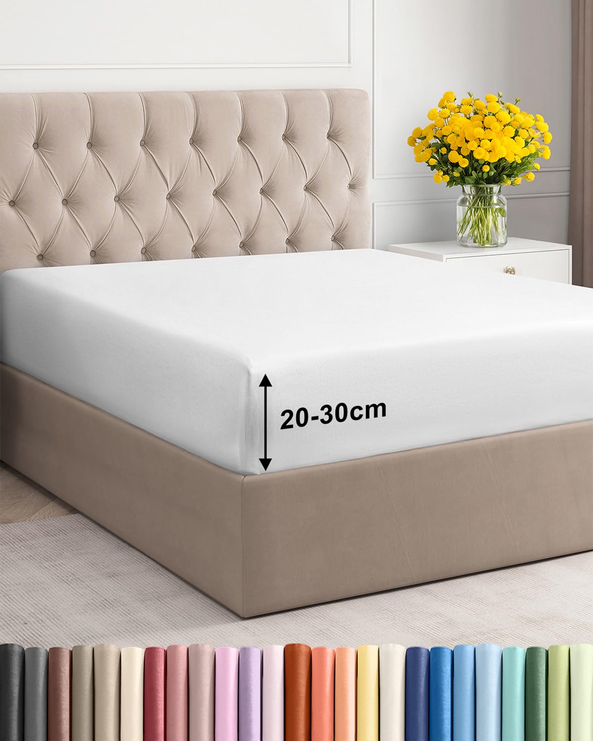 Double Fitted Bed Sheet 135x190x30cm - Deep Fitted Sheet for Mattresses up to 30 cm (12") - Soft Brushed Microfiber - Wrinkle, Shrinkage & Fade Resistant - OEKO-TEX - White - Bottom Sheet