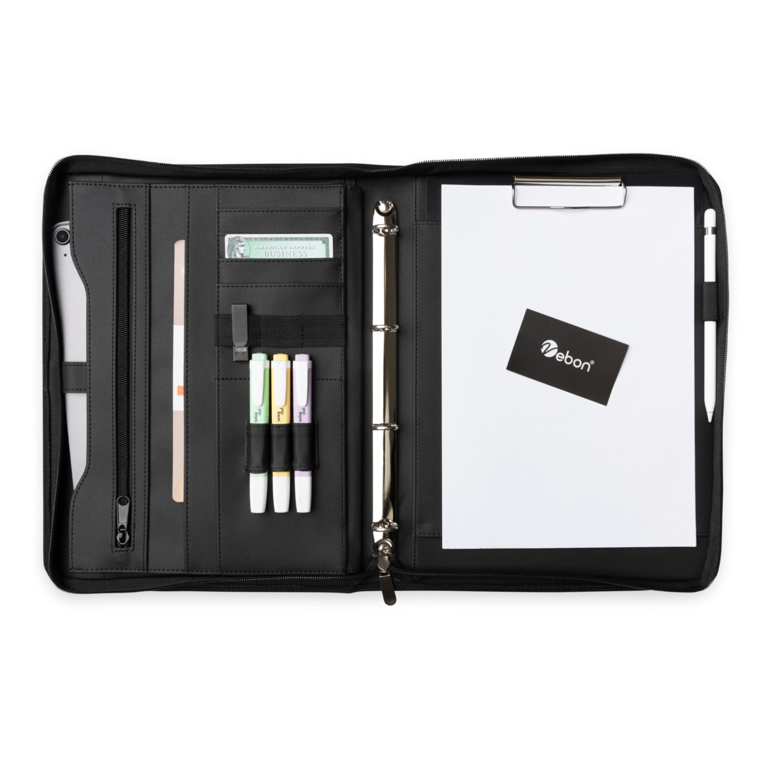 Vebon® writing folder ring binder A4 "Berlin" with zip and clipboard, document folder and laptop bag, extra storage space, black faux leather