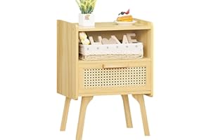 Lerliuo Rattan Nightstand, Boho Side Table with Drawer Open Shelf, Cane Accent Bedside End Table with Solid Wood Legs for Bed