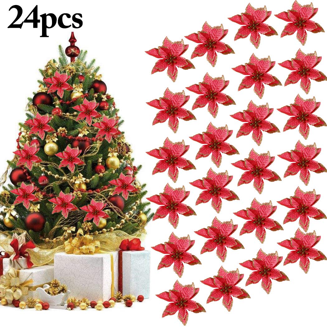 Outgeek Christmas Tree Ornament, 24Pcs 5.91\'\' Glitter Artificial Flowers Christmas Flowers for Wedding Party Christmas Decorations