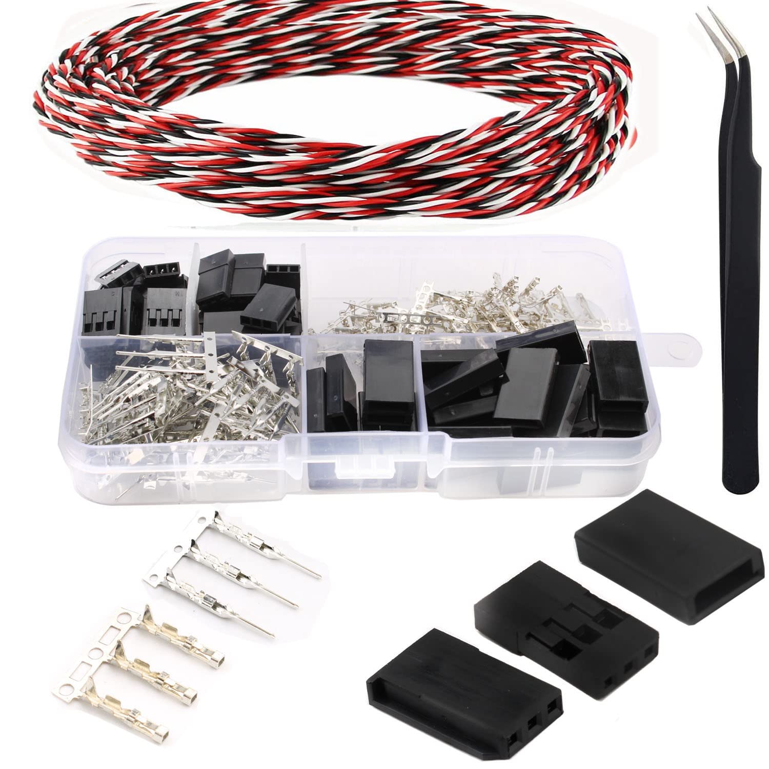 RUNCCI-YUN 270 PCS 3 Pin JR Servo Connector, RC Servo Plug Servo Cable Wire Connector Male Female Kit +5M Servo Cable for Futaba Style Servo Connector JR Hitec