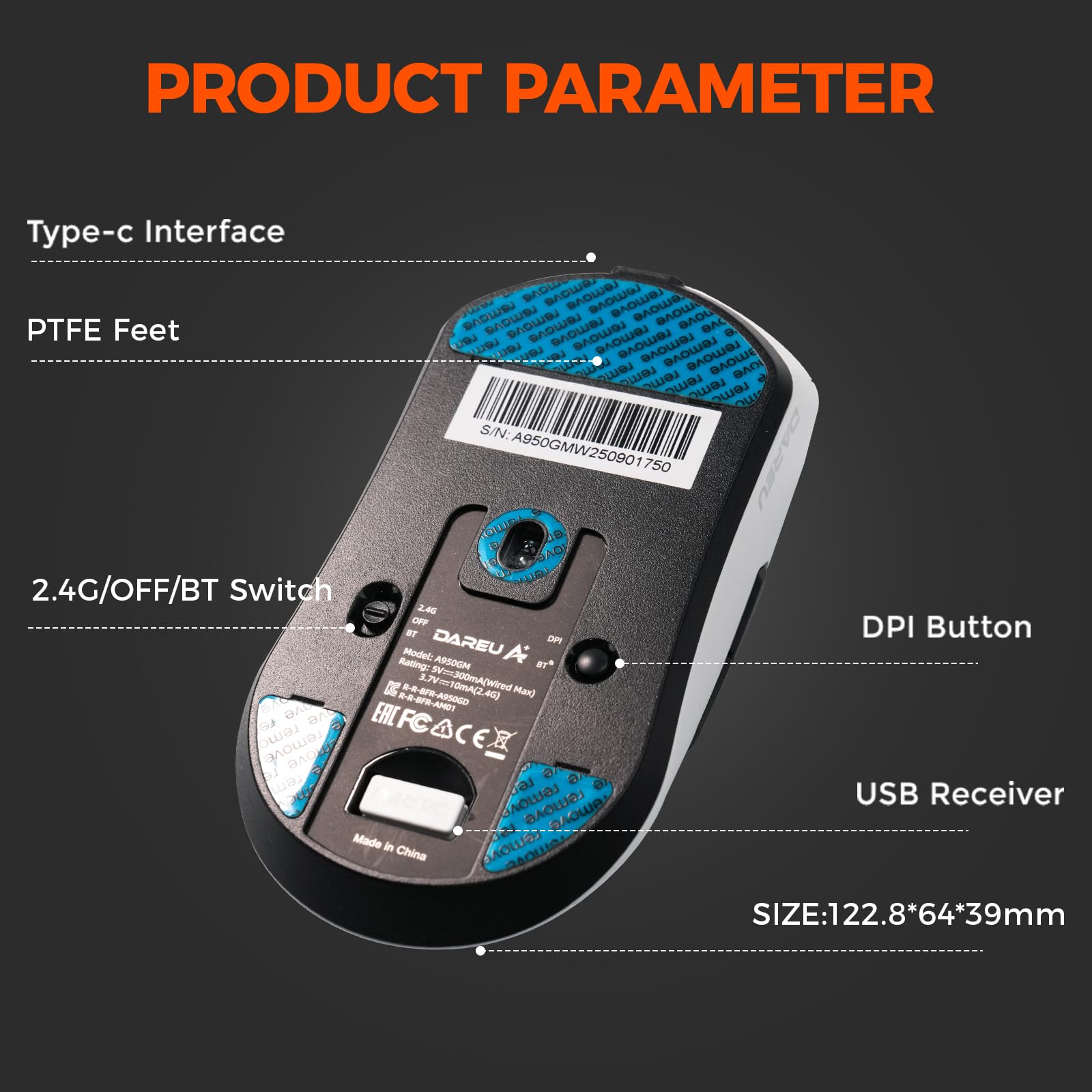 DAREU A950GM 60g Ultralight Gaming Mouse, PixArt PAW3395 Gaming Sensor, 100 Millionen HUANO Gaming Micro Switches, 26000 DPI, 30 Minuten Schnellladung, Tri-Mode Gaming-Maus für PC/Mac, Weiß 9