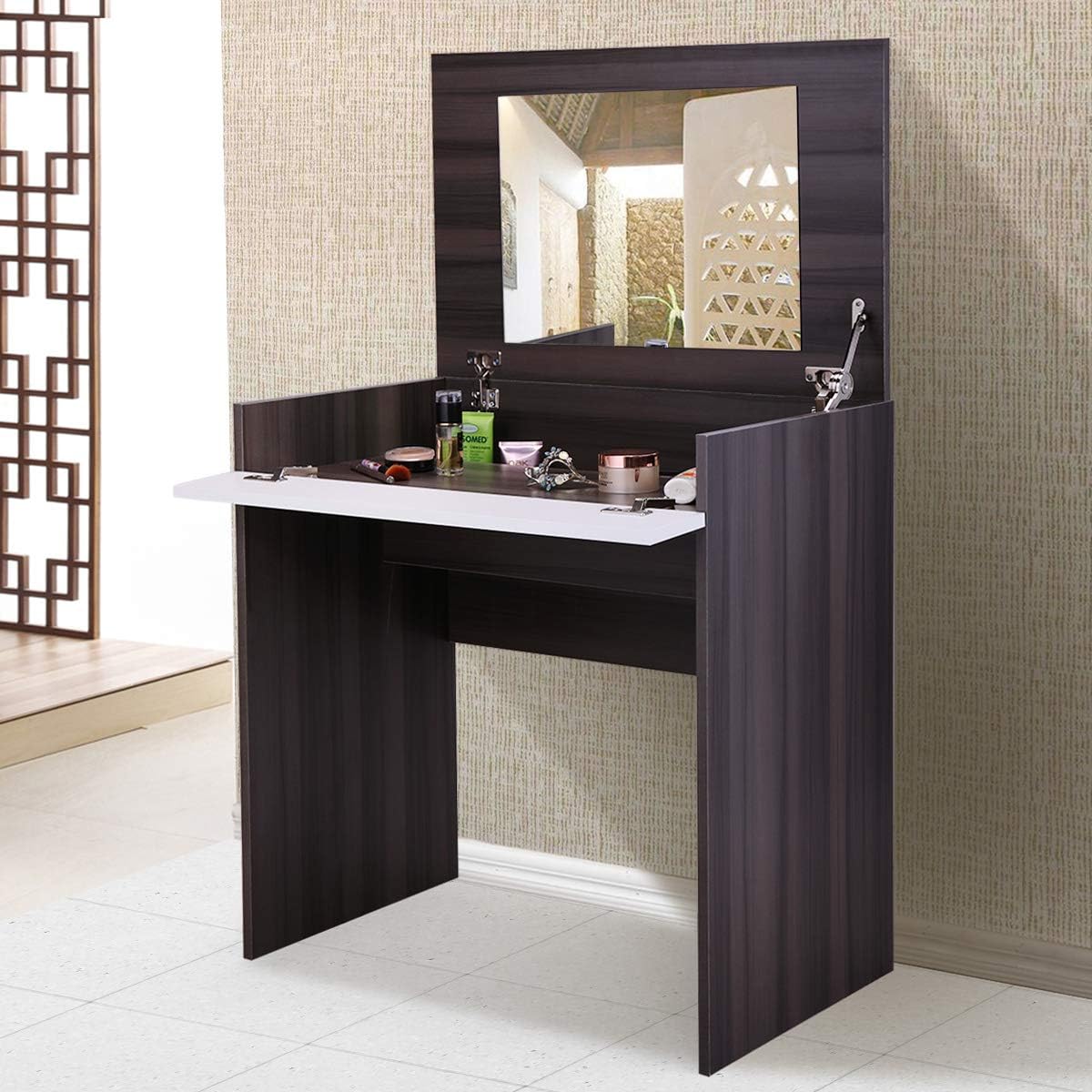 Amazon Com Jaxpety Dressing Vanity Table Chic Makeup Desk With Flip Up Mirror Bedroom Dresser Table Jewelry Storage Ebony White Kitchen Dining