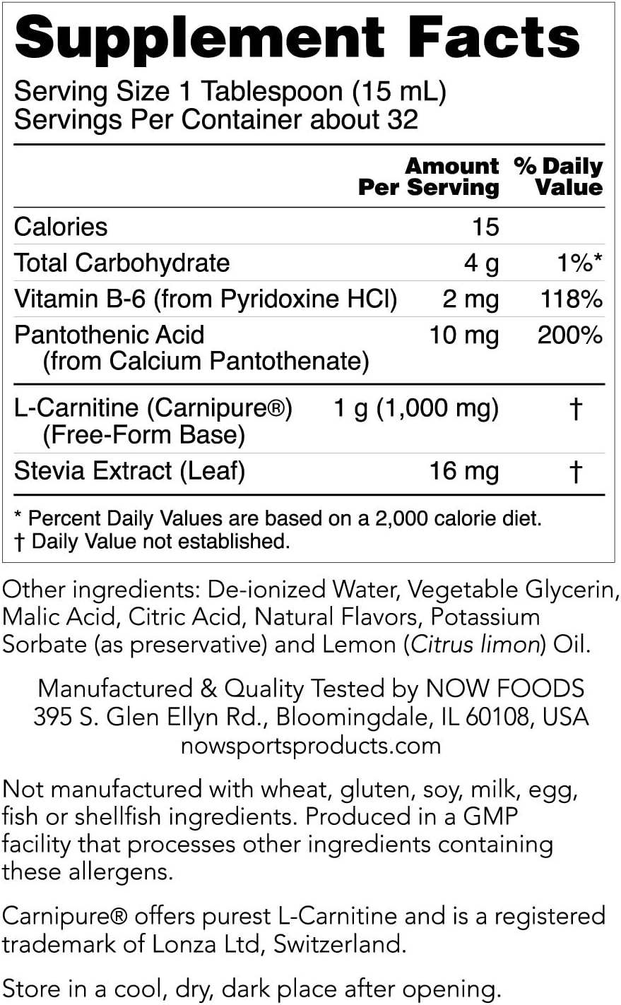 NOW Sports Nutrition, L-Carnitine Liquid 1000 mg, Highly Absorbable, Citrus, 16-Ounce: Health & Personal Care