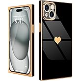 Urarssa Compatible with iPhone 15 Plus Case Rectangle for Women Girls Cute Love Heart Pattern Luxury Plating Gold Shockproof Raised Camera Lens Protection Cover Phone Case for iPhone 15 Plus, Black