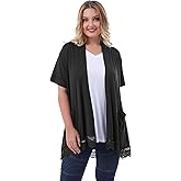ZERDOCEAN Women's Plus Size Short Sleeve Lace Trim Lightweight Printed Drape Cardigan with Pockets