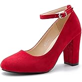Women's Block High Heel Pumps with Ankle Strap, Round Toe, Classic Style