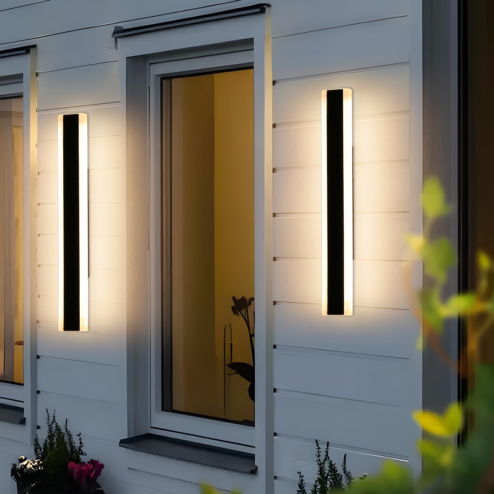 Mikeru 2 Pack Outdoor 60cm Long Wall Light, Black Modern Minimalist Porch Wall Sconce, 3000k Warm White LED Acrylic Wall Mounted Outside Wall Light with IP65 Rain Rating for Patio, Garage, Garden