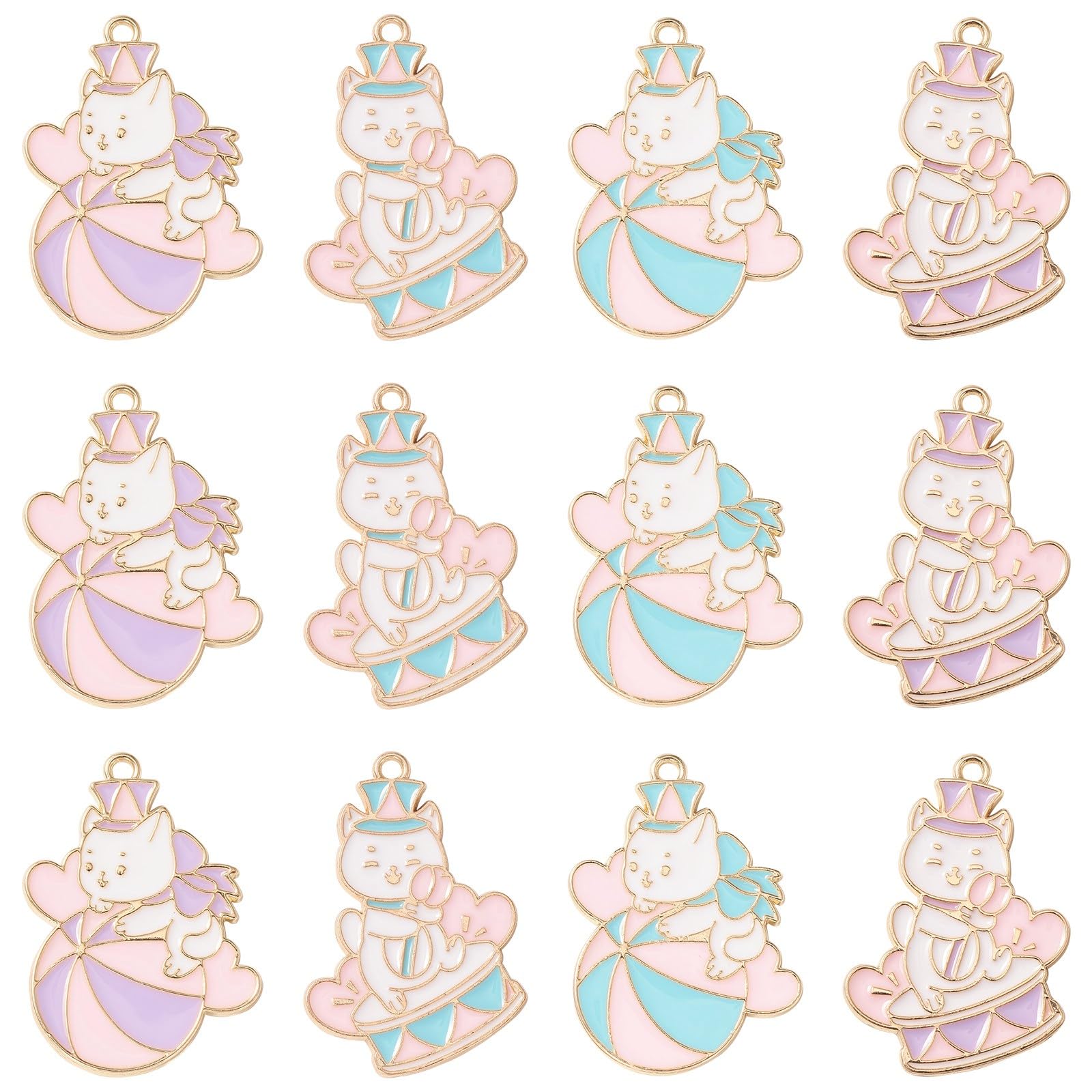 Stiesy 20 pcs 4 Styles White Cat Charms Pendants Enamel Pet Kitten Charms Cute Cat Playing with Drum Ball Charms for DIY Crafts Jewelry Making — image 1
