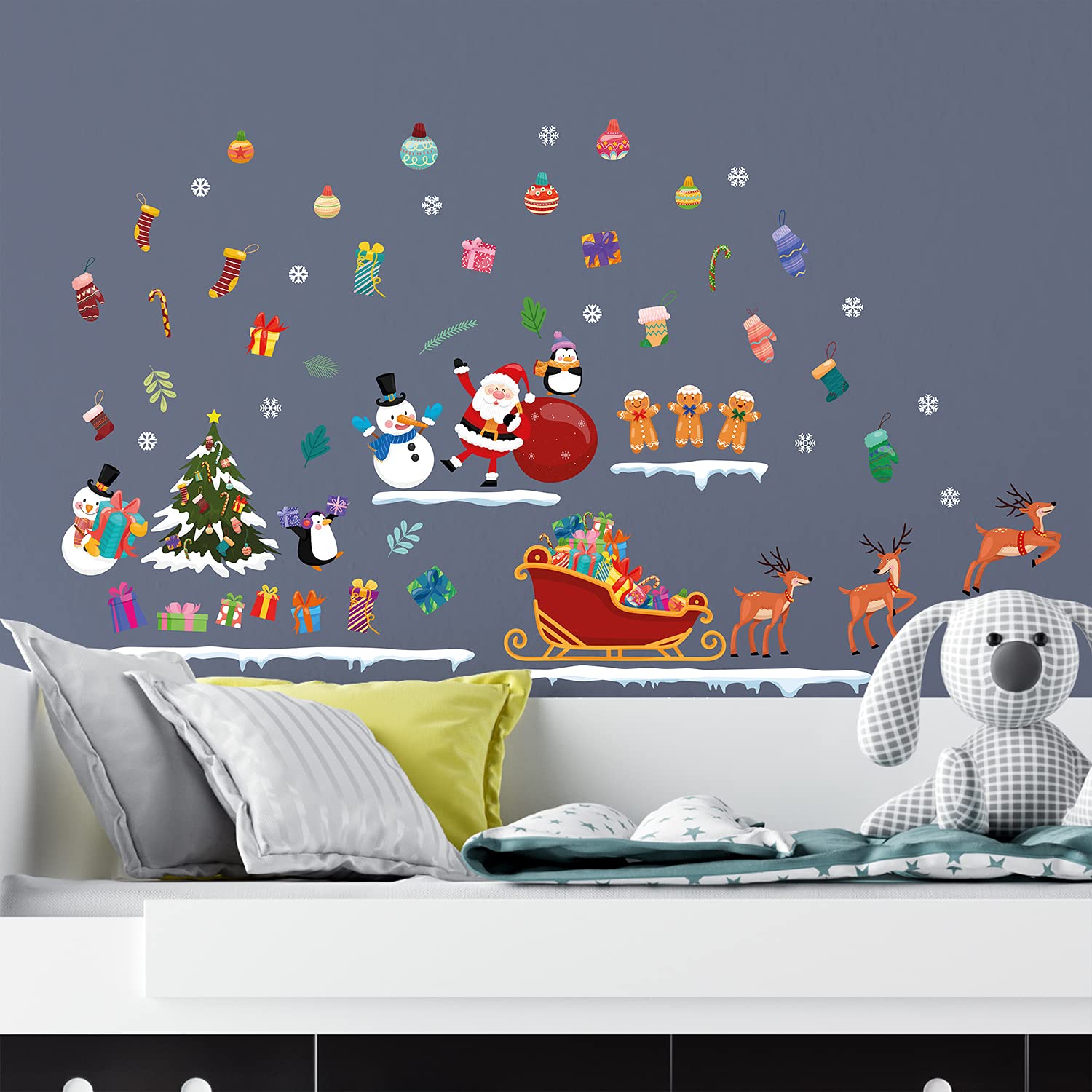 WALPLUS Christmas Decorations Wall Stickers Christmas Day Colourful Cartoon Stickers Set Wall Art Window Display Clings Decals Living Room Sale Clearance PVC Decals for Glass Xmas Winter