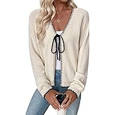 EVALESS Womens Cardigan Sweaters Trendy V Neck Long Sleeve Open Front Bow Tie Knit Chunky Lightweight Fall Outerwear