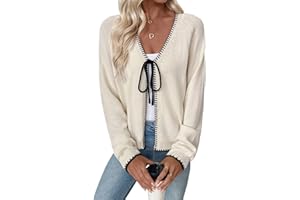 EVALESS Womens Cardigan Sweaters Trendy V Neck Long Sleeve Open Front Bow Tie Knit Chunky Lightweight Fall Outerwear