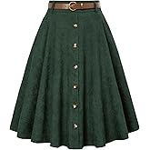 Belle Poque Women's Knee Length Corduroy Skirt Vintage Stretch High Waist A-Line Midi Skirt with Pockets & Belts