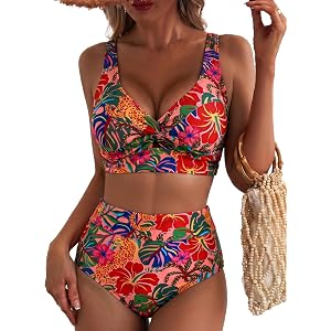 Herseas Womens High Waisted Bikini Sets Twist Front Floral Print Swimsuits | Tummy Control Removable Pad 2 Piece Bathing Suit