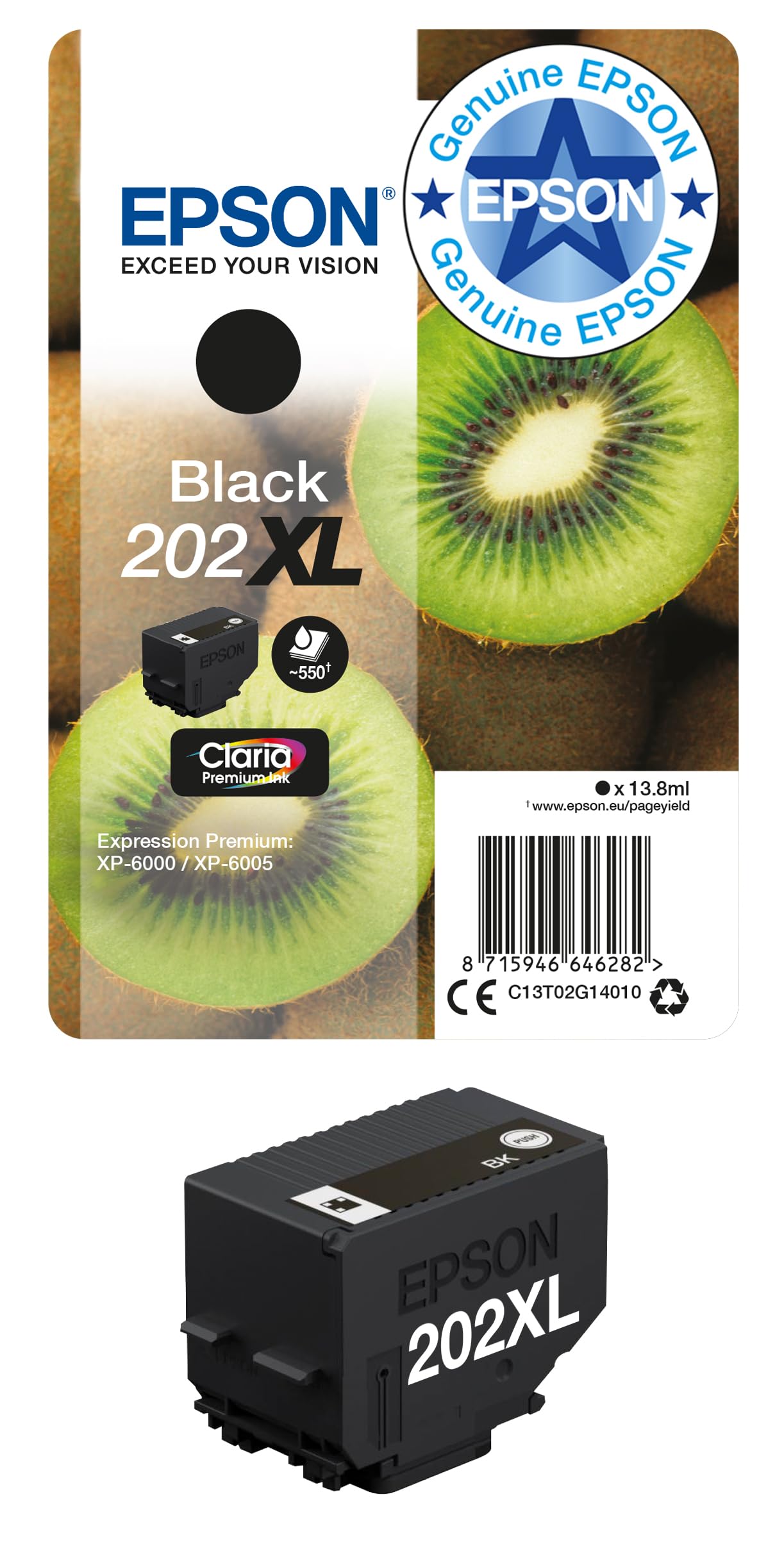 Epson 202XL Black Kiwi High Yield Genuine, Claria Premium Ink Cartridge
