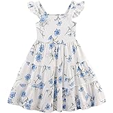 NUBEEHOHO Little Girls Summer Dress - Flutter Sleeve Swing Tiered Sundress Toddler Smocked Dresses Kids Casual Outfits 2T-7T