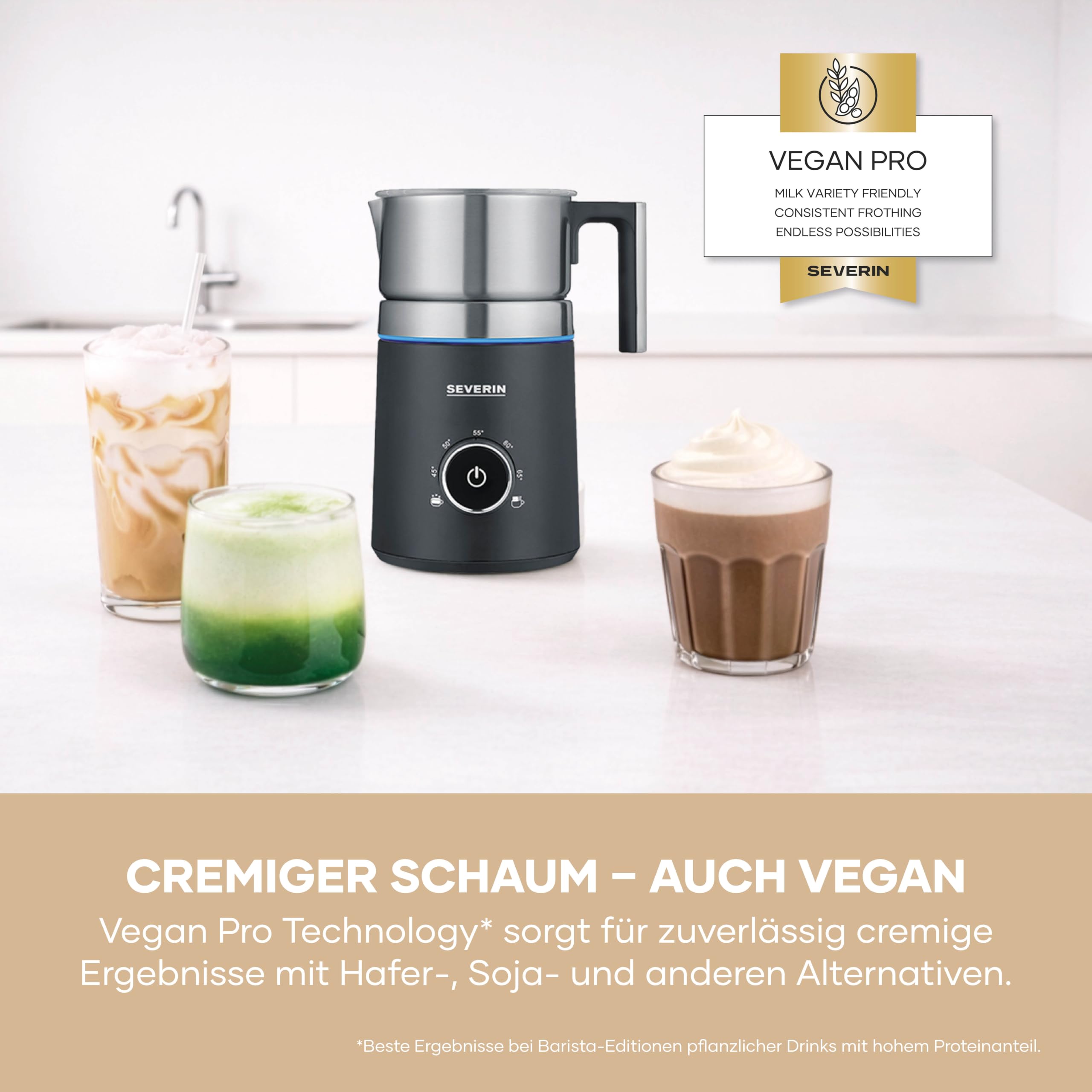 SEVERIN SPUMA 700 Induktions-Milchaufschäumer, elektrischer Milchaufschäumer ohne Anbrennen, spülmaschinengeeigneter Milchschäumer, Edelstahl-gebürstet/schwarz-matt, SM 3586 5