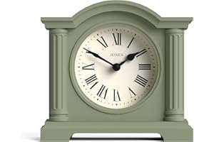JONES CLOCKS® Kensington Mantel Clock | Classic Arch top Clock | Sage Green | Stylish & Contemporary | Ideal for Desk, Mantelpiece, Bookshelf or Bedside