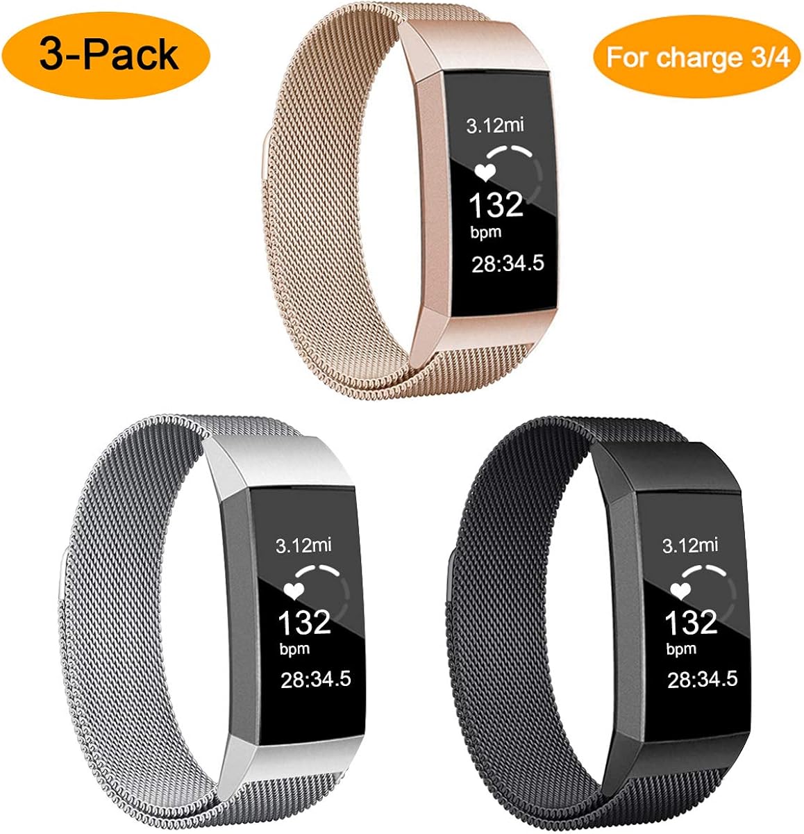 3 Pack Metal Replacement Bands Compatible with Fitbit Charge 3/ Fitbit Charge 4 / Fitbit Charge 3 SE Smart Watch with Stainless Steel Metal band: Home Audio & Theater