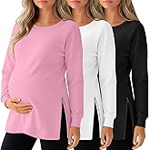 Sweetyweee 3 Pack Women's Maternity Shirts Long Sleeve T-Shirts Cotton Zipper Split Side Tops Casual Loose Pregnancy Clothes