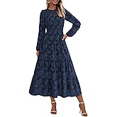 PRETTYGARDEN Long Sleeve Dress for Women 2026 Fall Elegant Modest Floral Boho Smocked Flowy Wedding Guest Midi Dresses