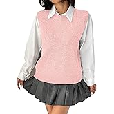 OYOANGLE Women's Sweater Vest Sleeveless V Neck Preppy Loose Knitted Casual Pullover Sweater Tank Top