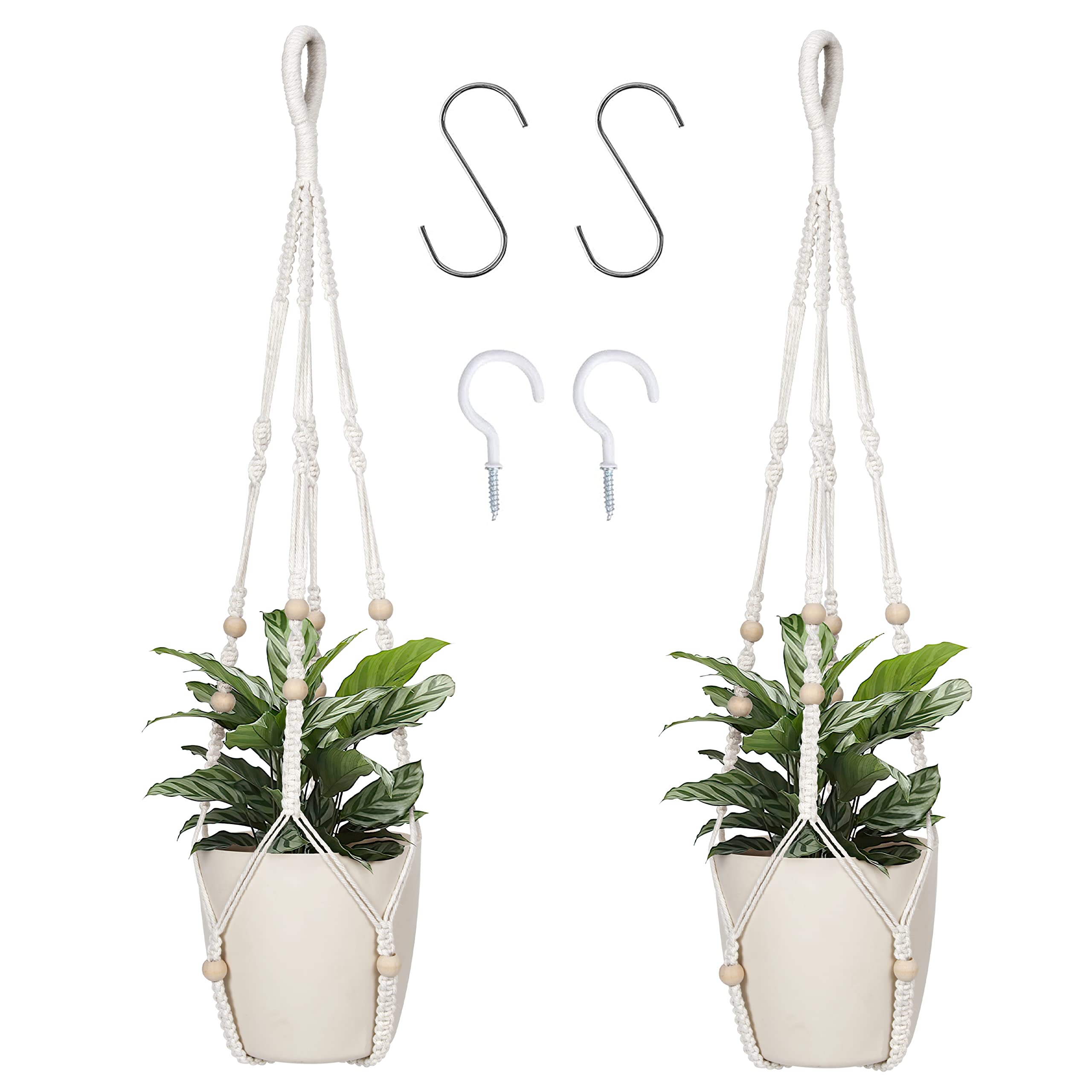 BlueMake Macrame Plant Hanger Indoor Hanging with Wood Beads Macrame Planters No Tassel for Indoor Outdoor Boho Home Decor 35 Inch (Ivory,2pcs)
