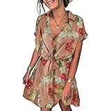 Sidefeel Womens V Neck Button Down Polka Dot Printed Short Sleeve Mini Dresses