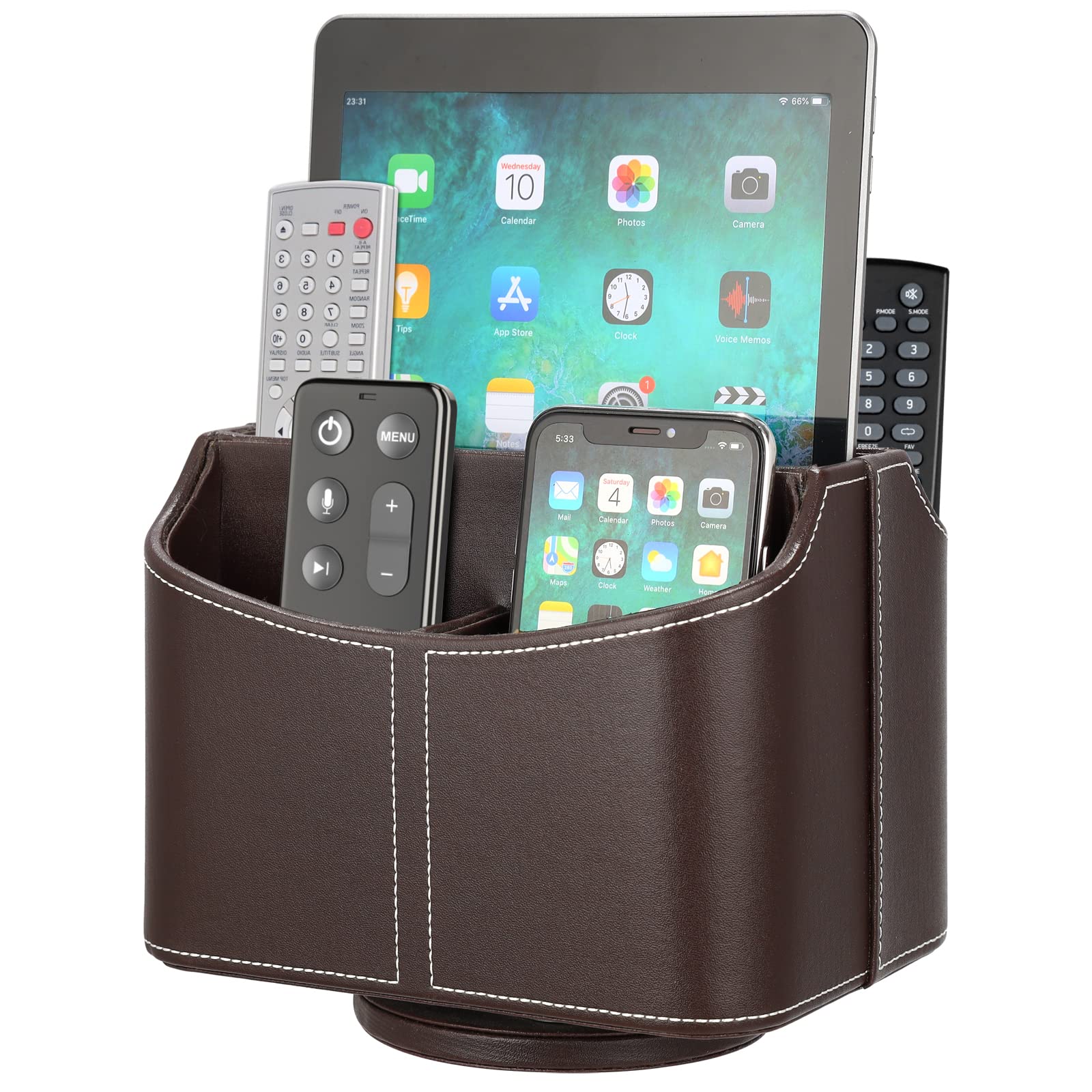 Hossejoy Remote Control Holder 5 Compartments 360 Degrees Rotatable Desktop Supply Organizer PU Leather Storage Caddy Box for TV Guide, Mail, Electronics, Phone, Eyeglasses, Cosmetic Pens, Coffee
