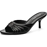 Adrizzlein Mule Heels for Women Peep Open Toe Mules Ruched Heeled Mules Round Toe Kitten Heels Metal Slip on Heeled Sandals Dress Shoes