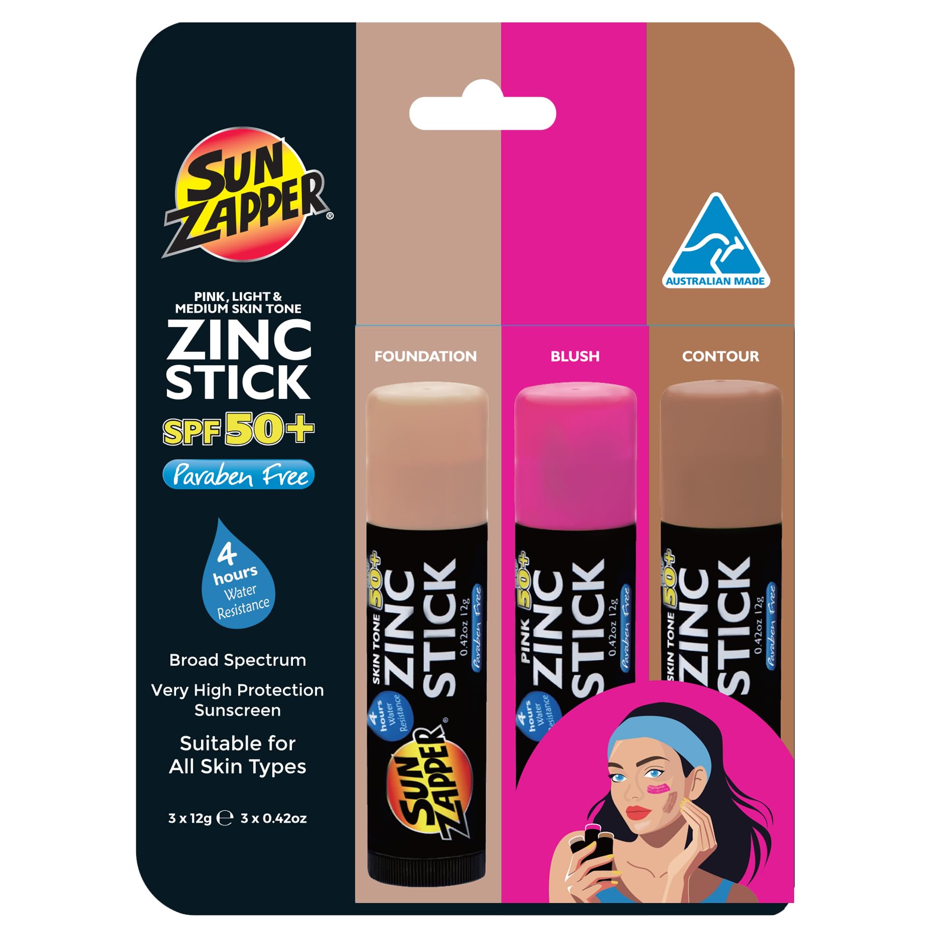 Sun Zapper Beauty Pack - Light Skin Tone, Dark Skin Tone, Pink (3 Pack) - SPF 50+ Zinc Oxide Sunscreen Sticks