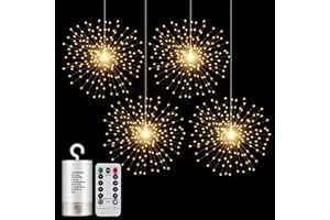 PXBNIUYA 4 Pack Starburst Sphere Lights,200 LED Firework Lights, 8 Modes Dimmable Remote Control Waterproof Hanging Fairy Light, Copper Wire Lights for Patio Parties Christmas (Battery Operated)