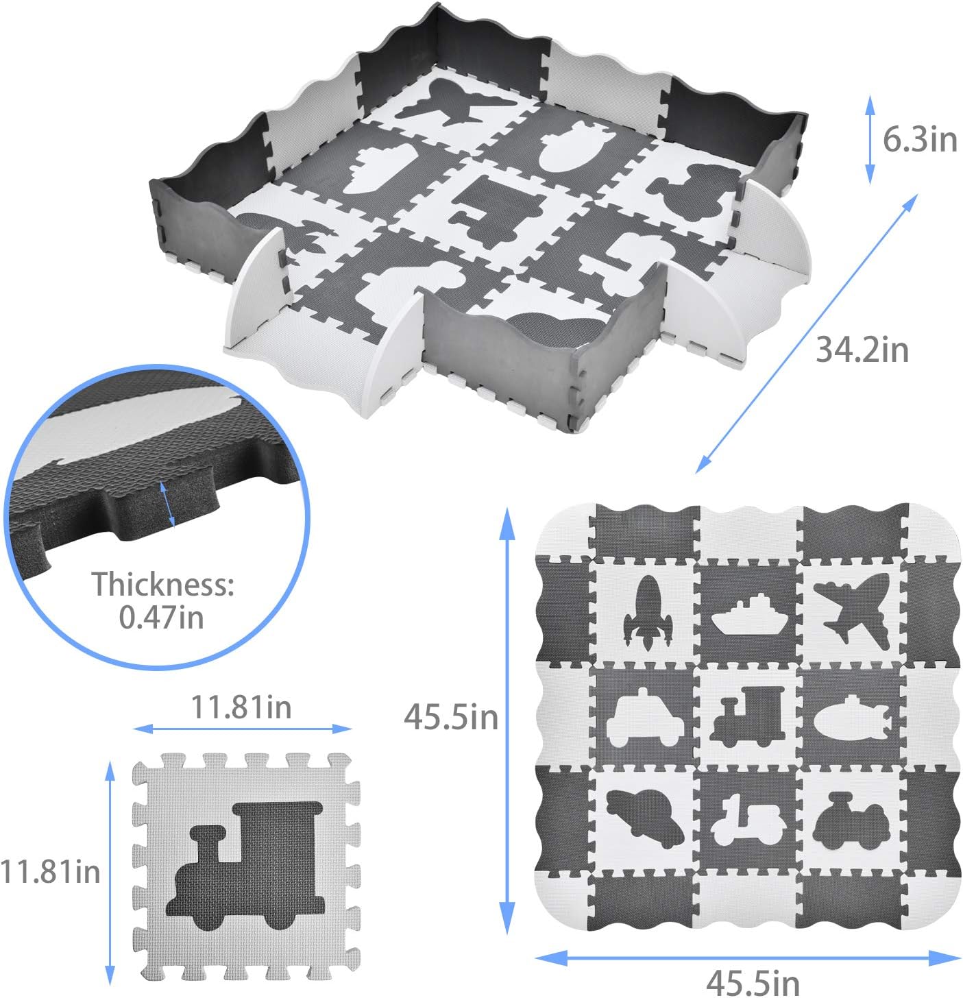FUN LITTLE TOYS 25PCs Baby Play Mat with Fence Including 9 Different Vehicle Styles, Thick (0.47") Interlocking Foam Floor Tiles, Kids Room Decor Large Mat: Toys & Games