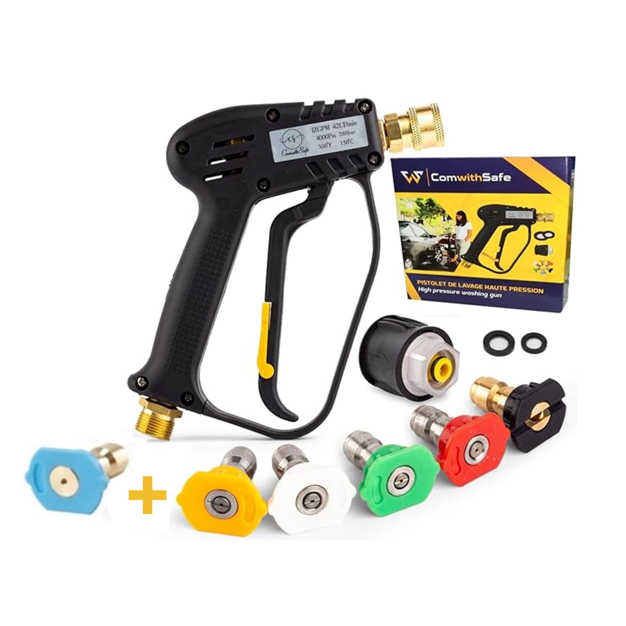 4000 PSI High Pressure Jet Washer Gun with 6 Nozzle Accessories for 0° to 60° Adjustable Water Jets; M22(14mm) Interface, Karcher K1-K7 Compatible Adapter, 2 Water Filters and Guide Included