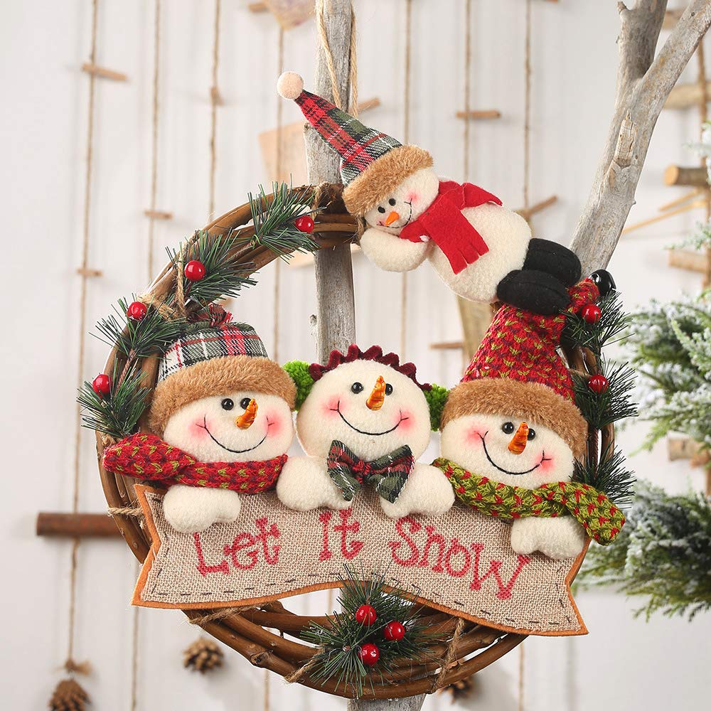 30CM Christmas Santa Wreath Decoration Rattan Door Wreath Ring Hanging Garland with Cute Xmas Snowman Reindeer Santa Doll for Front Door Indoor Outdoor Christmas Decor