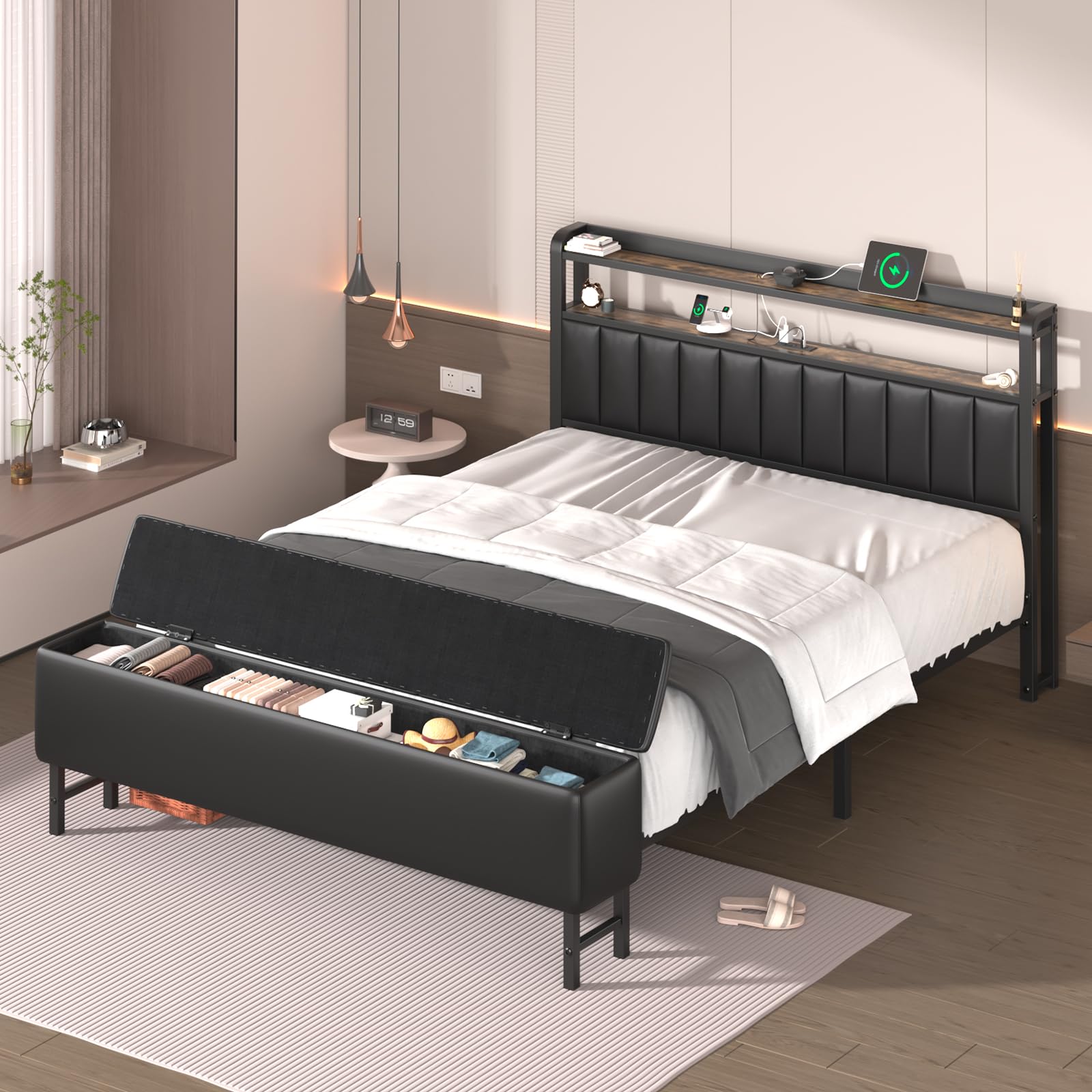 Photo 1 of ****Missing parts***LoVinson Full Size Bed Frame with Headboard & Star Projector, Metal Upholstered Bed Frame with Charging Station, Heavy Duty Bedframe with Storage Ottoman, Noise-Free, No Box Spring Needed, Black