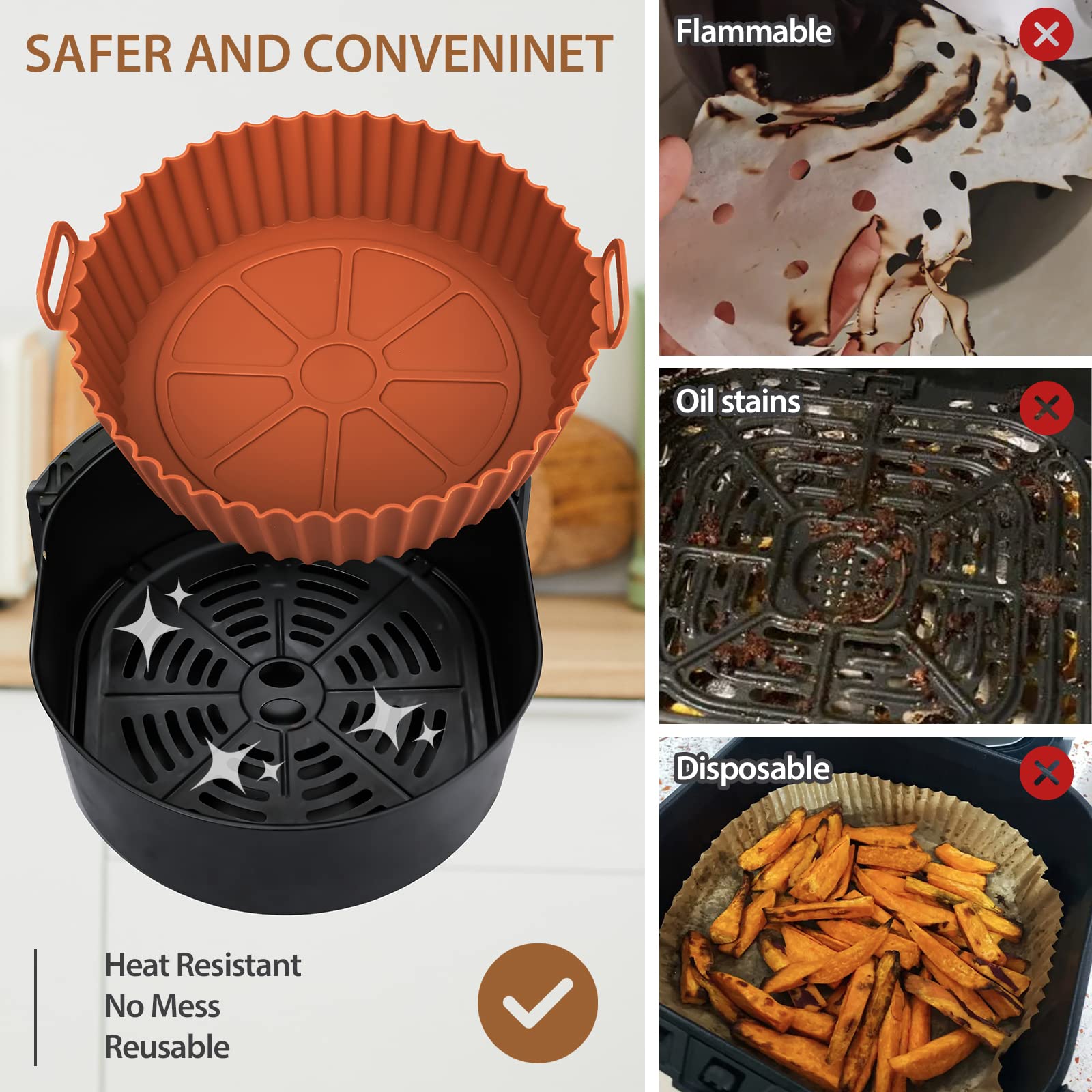 2 Pack Air Fryer Silicone Liners for Ninja, Reusable Silicone Bowl Basket Fit for 3 to 5QT Air Fryer, Replacement of Flammable Parchment Paper, Baking Tray Oven Accessories (Top 8in, Bottom 6.8in)