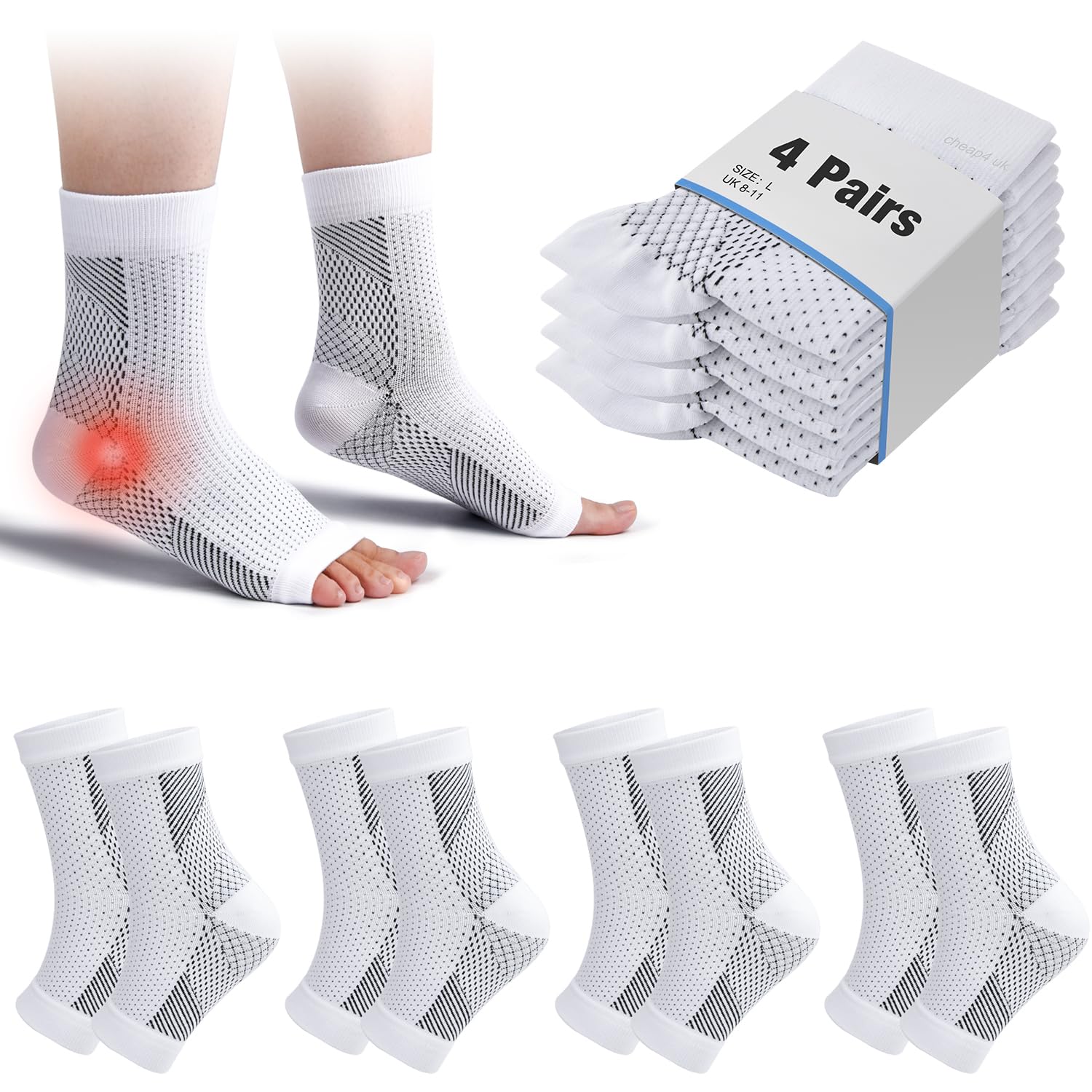 cheap4uk 4 Pairs Neuropathy Socks Functional Socks for Neuropathy Compression Socks for Women Men for Ankle Neuro Pain Relief & Plantar Fasciitis Functional Soothe Relief Socks (White, 8-11)