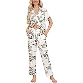 Anjue Pajamas for Women Soft Button Up Pajama Set Short Sleeve Shirt and Long Pants Lounge Sets S-XXL
