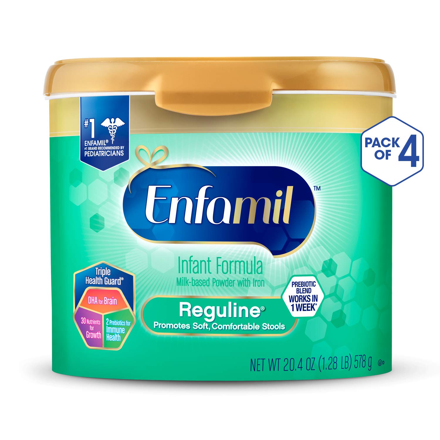 Enfamil Reguline Constipation Baby Formula Milk Powder to Promote Soft Stools, Omega 3, Probiotics, Iron, Immune Support, 20.4 Ounce, Pack of 4
