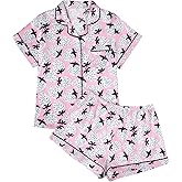 LUKYCILD Women Satin Pajama Set Bow Graphic Pajamas Short Sleeve Button Down Sleepwear 2 Piece Pjs Lounge Short Sets