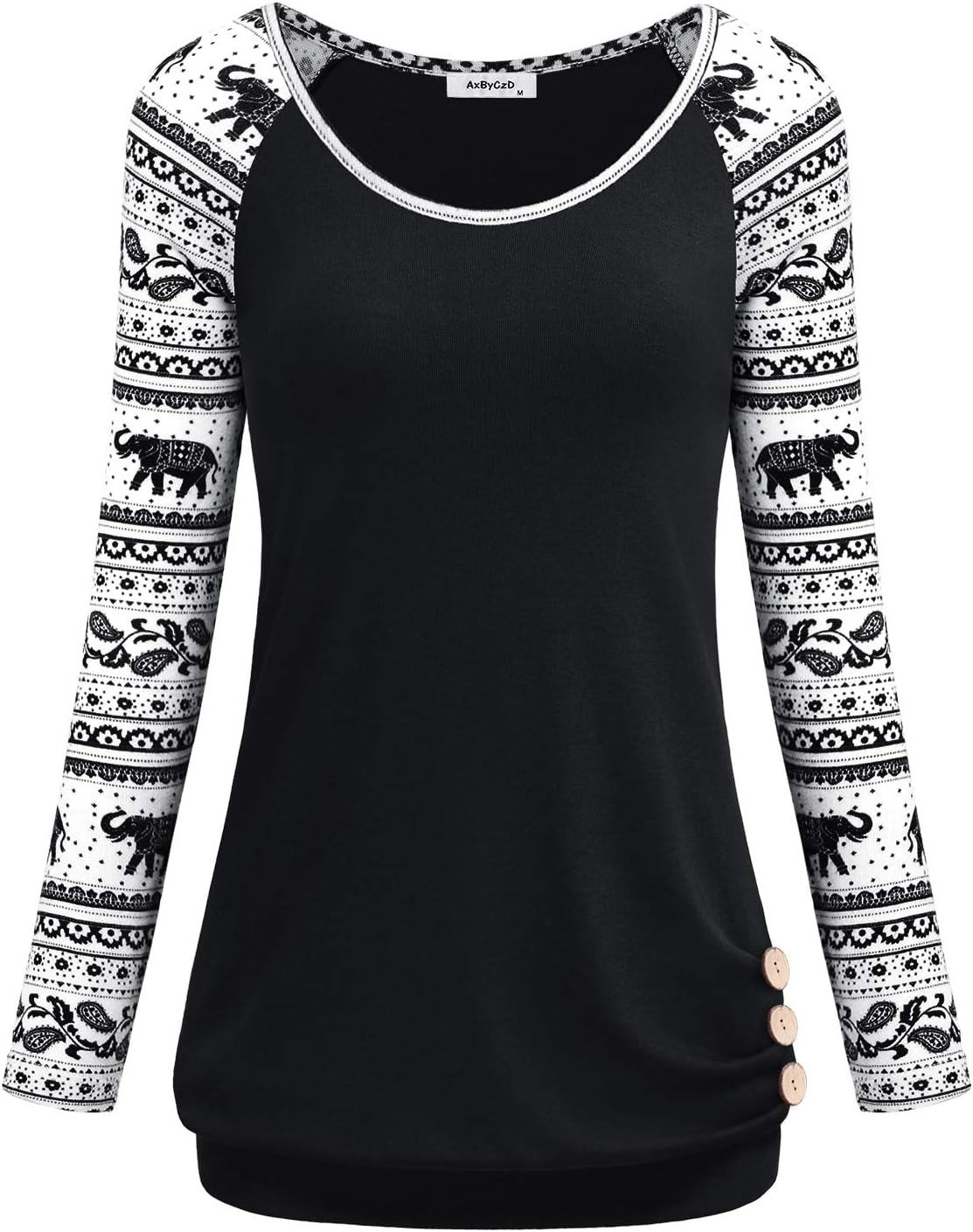 Women's Long Raglan Sleeve Round Neck Elephant Printed Button Sweatshirts Tunic Blouses Tops