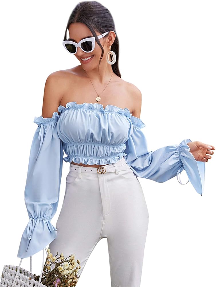 off the shoulder long sleeve ruffle crop top